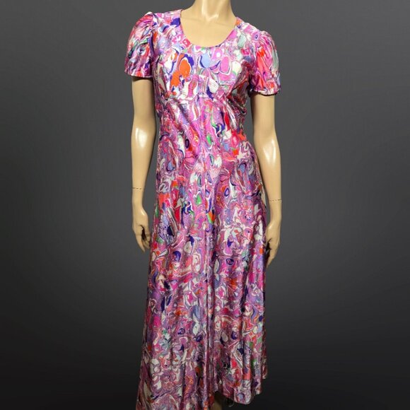 Vintage 60s Psychedelic Print Maxi Dress Womens Size S Tie Back Groovy Colourful - Picture 1 of 9